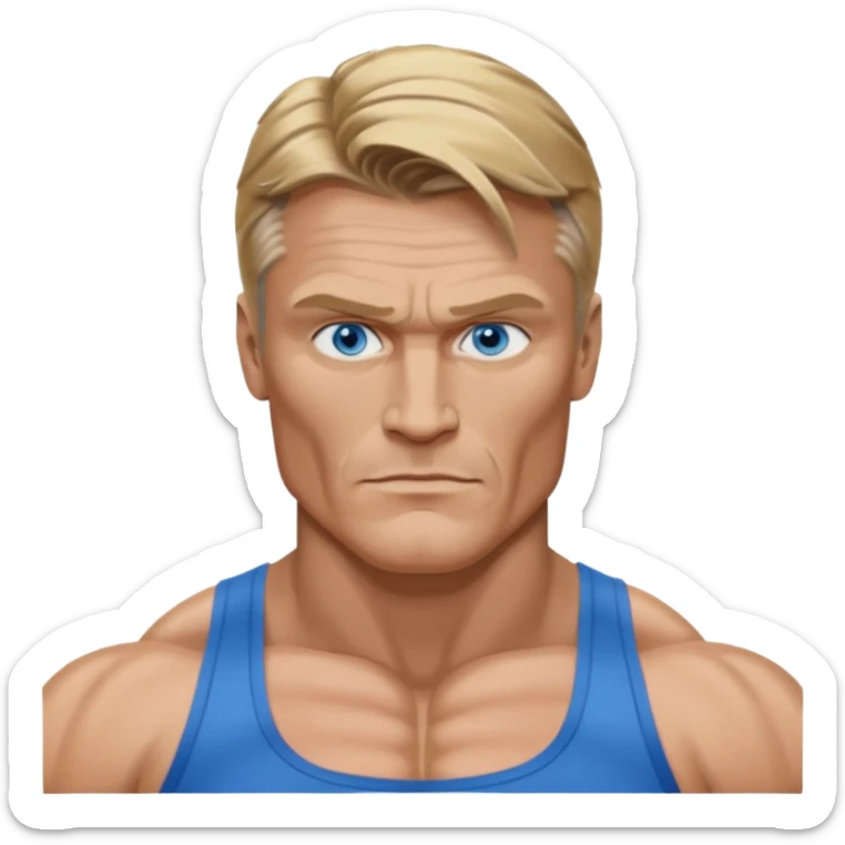 Dolph Lundgren with blue eyes, dark blonde hair, muscle body sticker