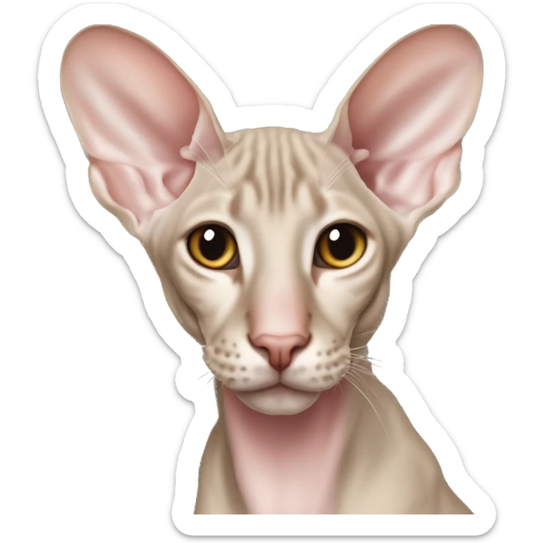 “Realistická Peterbald mačka s nahou kožou, veľké uši, sfarbenie v siamskom štýle (svetlé telo s tmavšími končekmi labiek, uší a chvosta), svetlo modré oči, detailný a emocionálny vzhľad.”  sticker