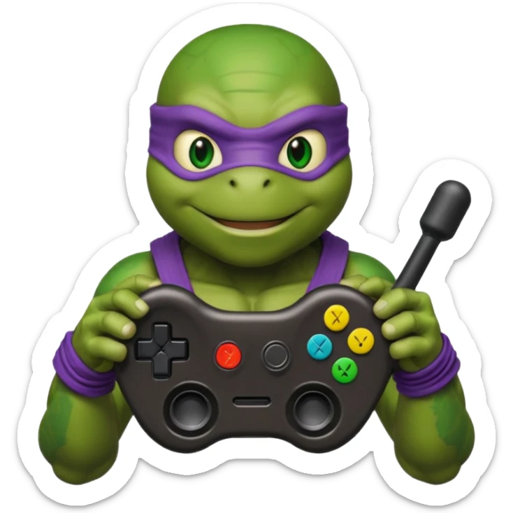 Donatello from Teenage Mutant Ninja Turtles, emoji style, holding a joystick sticker