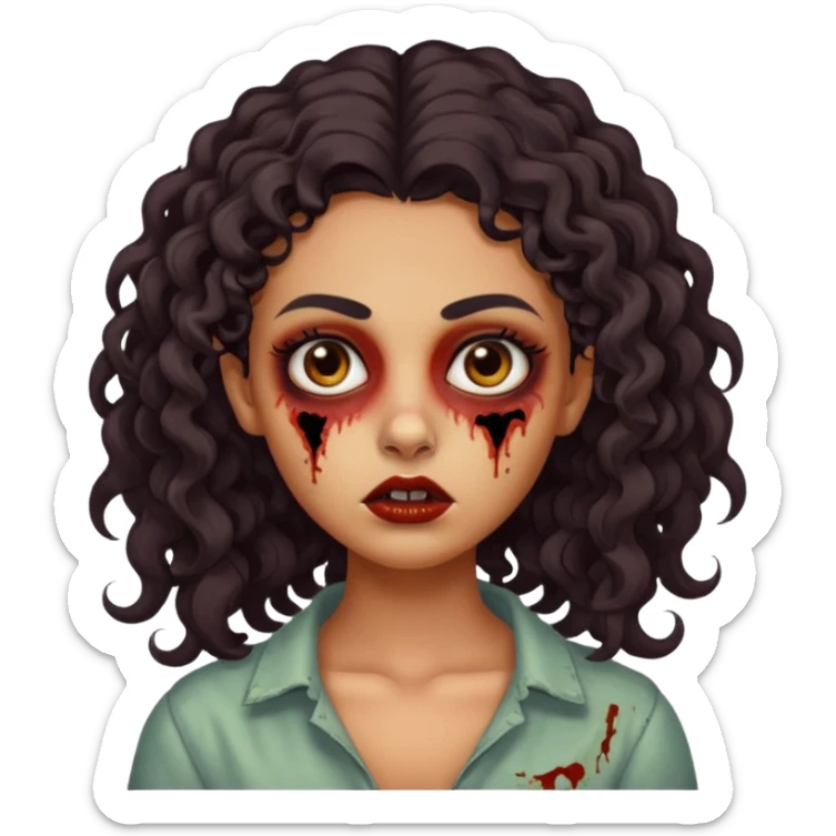 Create a zombie emoji inspired by a young woman with tanned skin, an oval face, large dark eyes, defined eyebrows, a small nose, and medium lips. Her hair should be long, curly, and dark.  sticker