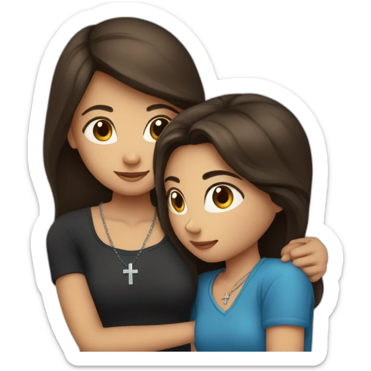 one girl with long brown hair wearing a cross necklace and one girl with medium black hair wearing a blue shirt hugging sticker