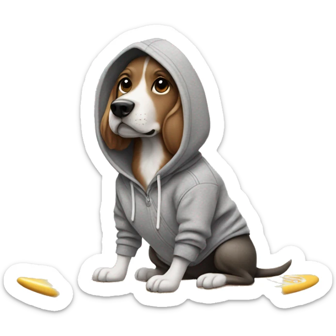 Dog with a hoodie and gray sweatpants with crocs on a surfboard sticker
