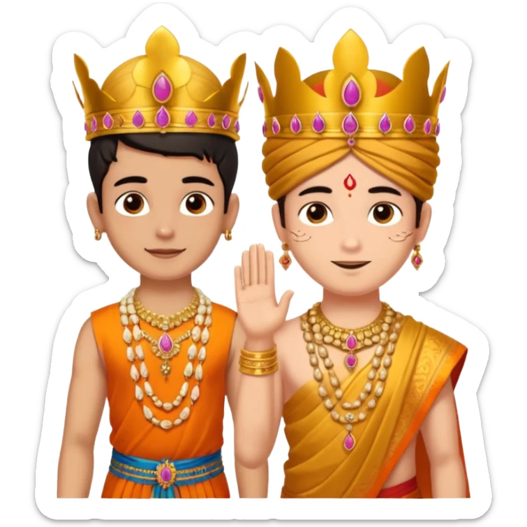 Brahmin boy is thanking to the bharatanatyam dancer. Only the girl is in lordess padmavati with golden crown and giant flower garland on her neck. The boy is a normal helper. The girl is fat and tall the boy is small. sticker
