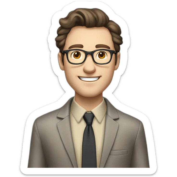 Joyful Full height Pale skinned Fit Man With dark brown hair in gray classic jacket, beige office shirt, Brown pants and vintage glasses. His thrumbs up sticker