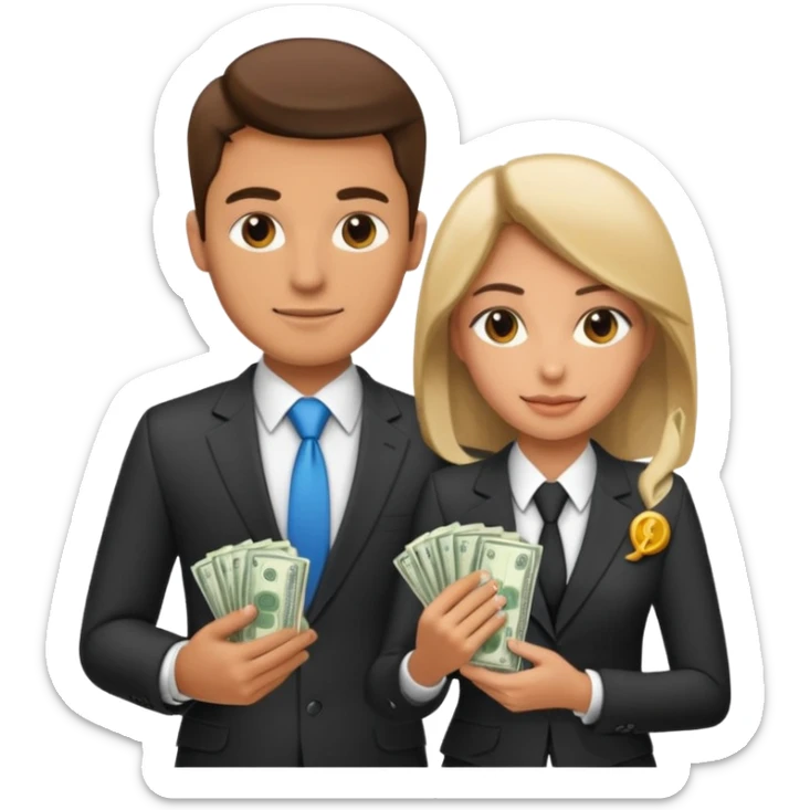 Una pareja (chico y chica de 28 años) vestidos con traje profesional y con dinero sticker