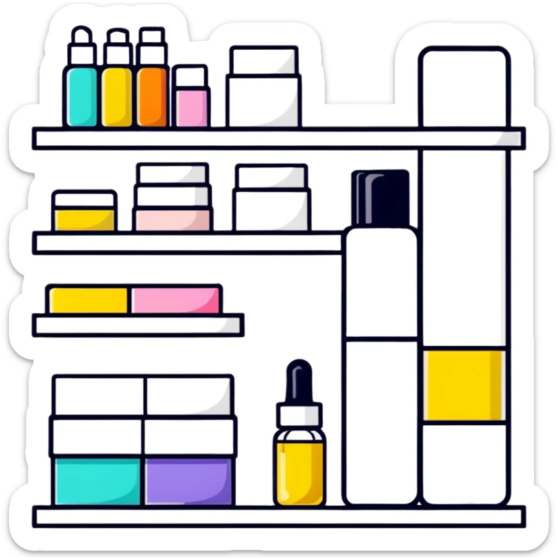 big long white shelf with one serum bottle labeled beauty brand and big sticky note sticker