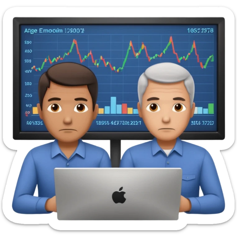 teaching somebody else in person, in the same place, watching the same monitor together, the trainee and trainer are in the similar age, two both are men, the monitor should be showing some data graphs sticker
