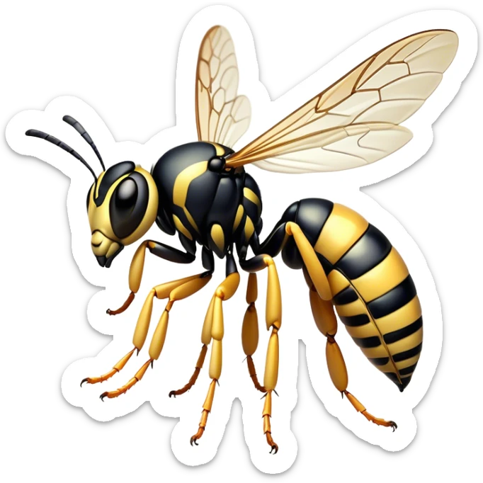 Beautiful and Majestic Wasp Portrait Emoji, Head and body rendered in serene repose with a gentle, confident smile, showcasing a refined, streamlined form with delicately patterned stripes and softly closed, focused eyes, Simplified yet exquisitely endearing features, highly detailed, glowing with a soft, drowsy radiance, high shine, relaxed and utterly noble, stylized with an air of regal insect elegance, soft glowing outline, capturing the essence of a beautiful and majestic wasp that embodies the refined power of nature! sticker
