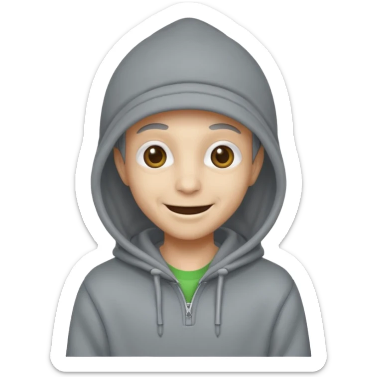 alien in gray hoodie full height, wear hoodie hat, happy sticker