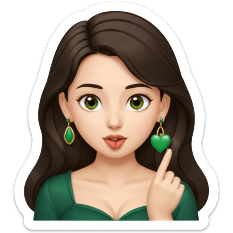 pretty bratz genmoji that looks like tamannah bhatia (bollywood actress), wearing a dark green sweetheart neckline top, dark brown hair, light makeup, no necklace, dangly earrings, SIDE hair part, fair. dark brown eyes, long hair

Show her licking her finger  sticker