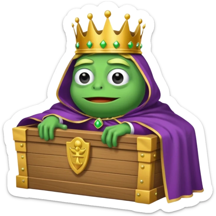 Emoji of an empty wooden coffin labeled ‘ECHO,’ being nailed shut by a king-like Pepe the Frog wearing a crown and cape sticker