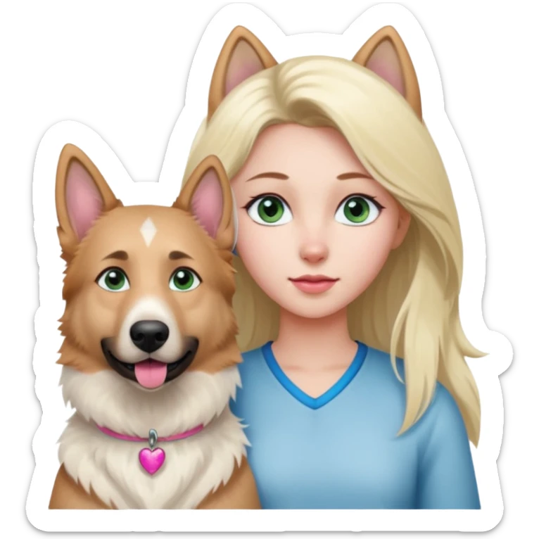 White European young woman with blue-green eyes and long blond hair with her white German Shepherd dog,the Dog has a pink nose and short fur  and Brown eyes sticker