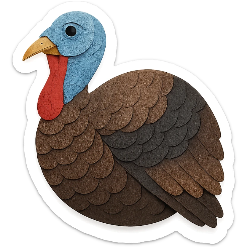 close-up of an Eastern Wild Turkey, fine paper edges, iridescent feathers, red wattle, blue head, natural background sticker