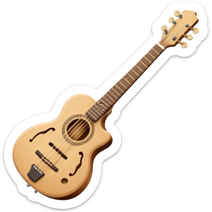 Emoji-style illustration of a Karadeniz kemençe: slim light-wood body, dark fingerboard, three tuning pegs, two curved sound holes, small tailpiece, and a slightly curved bow with light horsehair. Simple, clean, modern Apple-style look. sticker