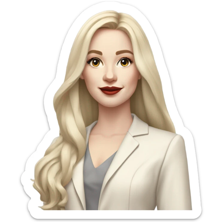 pale skin woman with ash blonde straightened long Hair, White Spacious classical jacket, beige palazzo Arrow pants and gray blouse holding a color palettes in the hands sticker