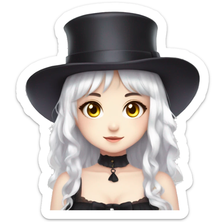 an anime anime girl with white hair and big yellow eyes wearing a top and a hat, cross, 1girl, solo, dark skin, hat, top hat, lolita fashion, fang, mini hat, gothic lolita, dark-skinned female, white background, white eyes, mini top hat sticker
