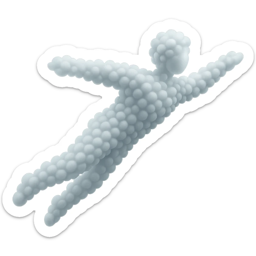 a person flying, entirely made of small, very bright white, fluffy, convex clouds, minimalist style sticker