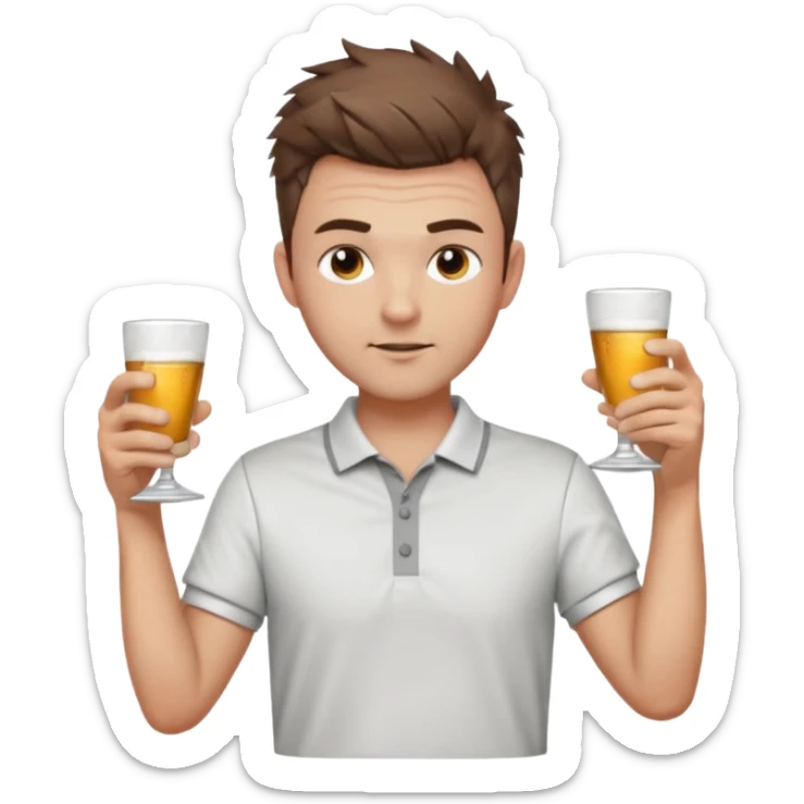 Handsome male.short messy brown hair.mowhawk hairstyle. wearing white golf shirt.grey shorts. Cheersing with shooter sticker