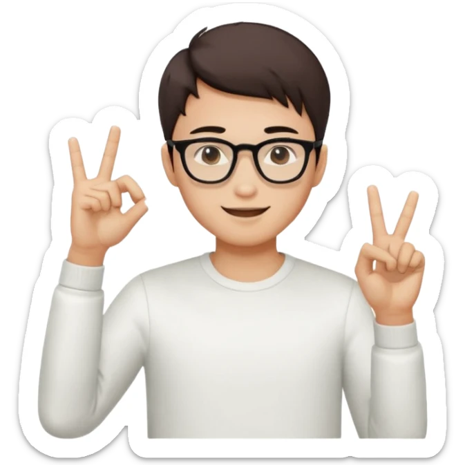 young Asian man with cool brown short hair, wearing black framed glasses, a white top, making an OK gesture with his right hand, and smiling confidently sticker