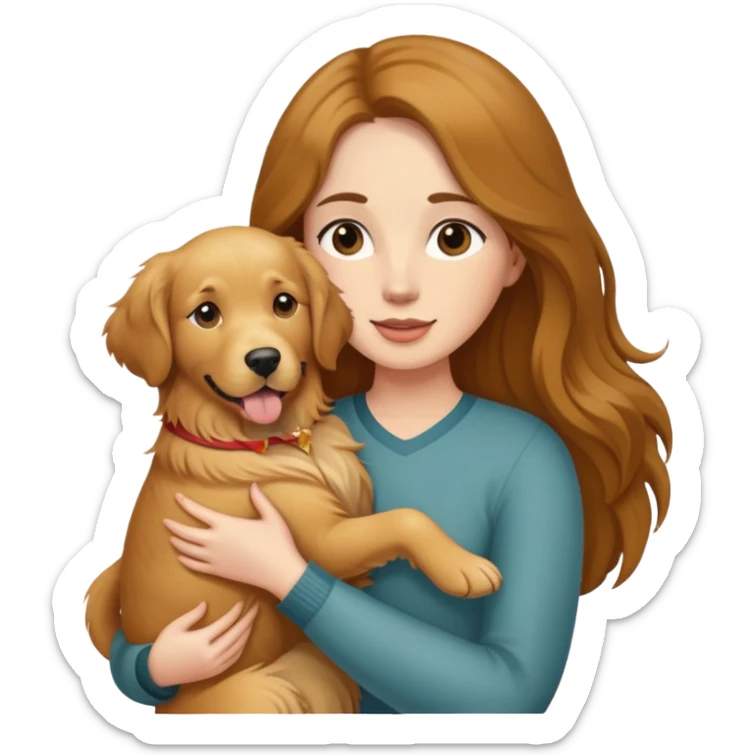 woman with long brown hair holding a golden retriever dog in her arms sticker