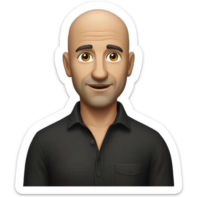 A middle-aged Italian man with olive-toned skin with bald hair and no facial hair. He is wearing a sleek black smart shirt, casually unbuttoned at the top. sticker