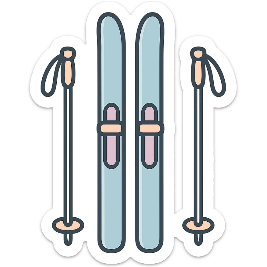 cross-country skis standing upright with poles on the sides slightly angled outward, detailed shading, thin clean outlines, soft rounded features, pastel palette #98B5BC #B5B3C1 #C9A3C9 #E4C0CA #F7DCD1 #F7C0AA, Japanese pop art, sticker look, highly detailed, vector clarity, soft lighting, subtle shadows, transparent background sticker