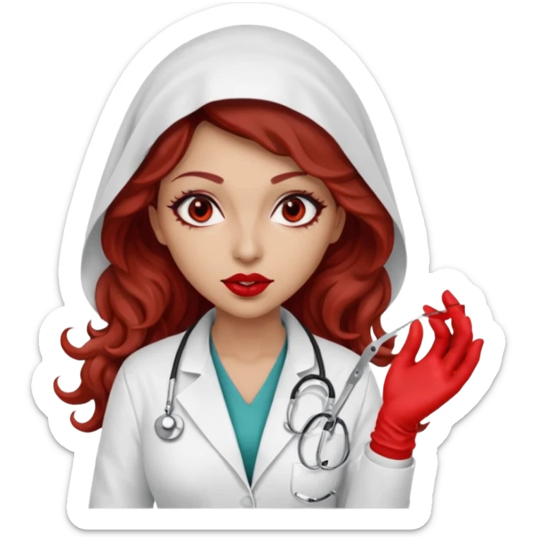 Scary woman scalpel in hand, evil surgeon sexy surgeon clothes.  She has red eyes. Her  brown long curly hair. Wears sexy doctor outfit with red gloves. make her hair free and brown but she  wear mouth cover   to hide. Wears white surgeon jacket and hijab cover lips  sticker