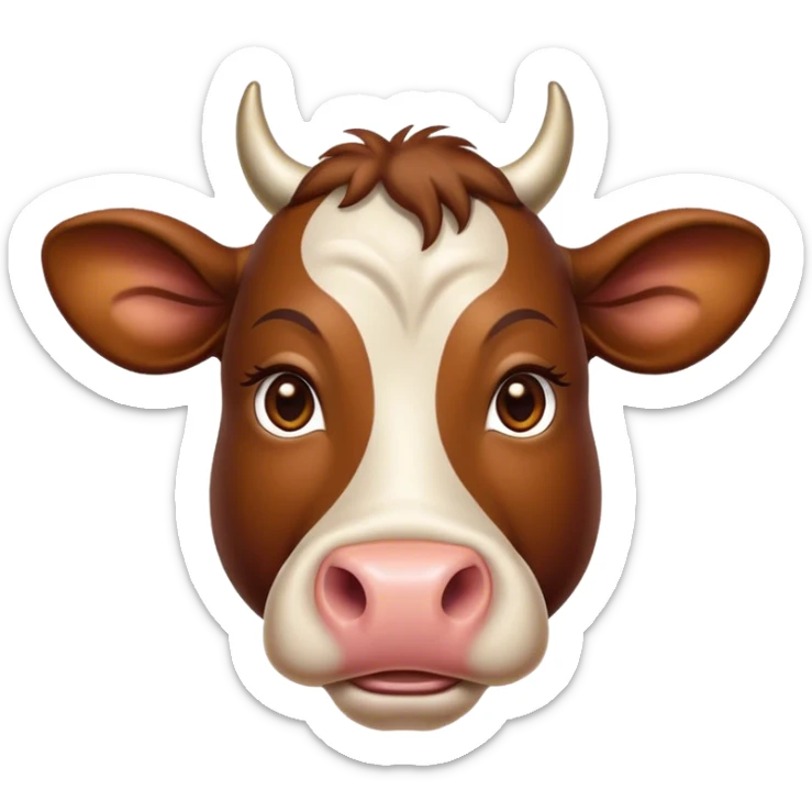 Cinematic Noble Brown Cow Portrait Emoji, Poised and regal, with a large, sturdy build and a smooth, well-groomed deep brown hide, deep-set soulful brown eyes, Simplified yet sharp and sophisticated features, highly detailed, glowing with a soft, dignified glow, high shine, intelligent and calm, stylized with an air of pastoral majesty, focused and attentive, soft glowing outline, capturing the essence of a watchful and confident bovine guardian, so majestic it feels as though it could amble out of the screen with effortless authority! sticker