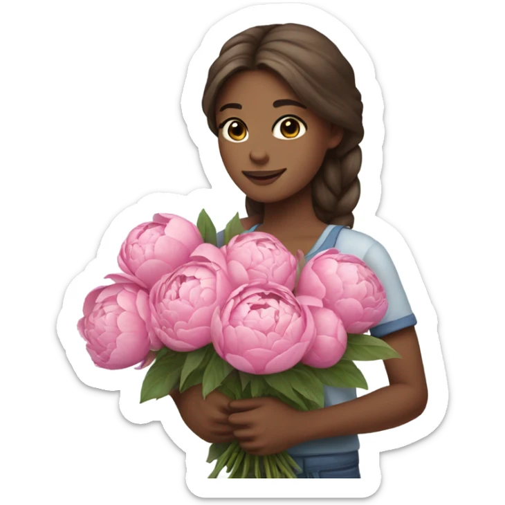 a girl with long brown hair and blue eyes holding a Beautiful bouquet of pink peonies   sticker