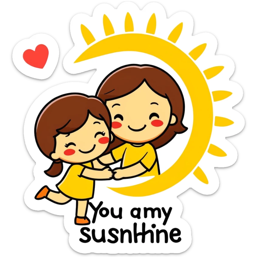 A smiling sun hugging a little brunette girl with hearts around them and the words ‘You are my sunshine’ in soft pastel colors. sticker