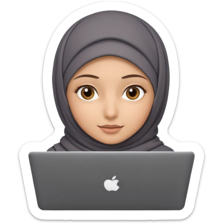 A girl wearing a gray hijab and with hazel eyes is carrying a laptop, not a laptop, just a regular laptop. sticker