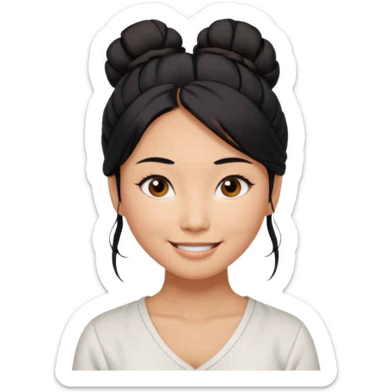 medium tan asian woman with long black hair tied 1 messt bun on top of head,  round brown eyes, white v neck blouse. shes smiling and friendly. sticker