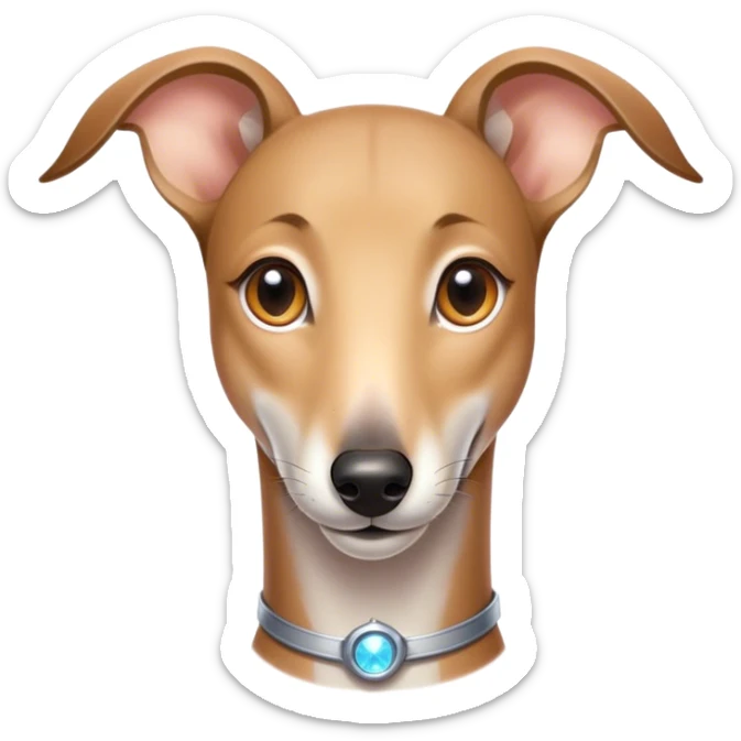 Cinematic Cute Fawn Greyhound Portrait Emoji, Head tilted playfully and inquisitively, featuring a sleek fawn Fur with a gentle sheen, round, sparkling eyes filled with curiosity, Simplified yet irresistibly adorable features, highly detailed, glowing with a warm, friendly glow, high shine, affectionate and nimble, stylized with a touch of whimsy, bright and endearing, soft glowing outline, capturing the essence of a mischievous yet loving racer, so playful it feels like it could sprint out of the screen and into your arms! sticker