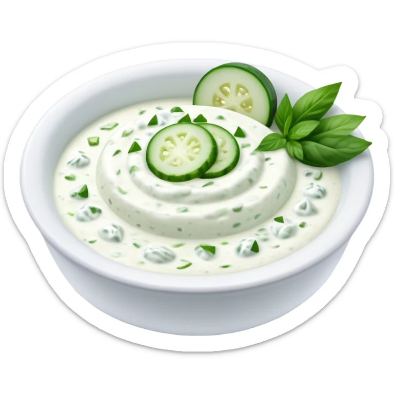 Cinematic Realistic Tzatziki Dish Emoji, featuring a creamy, tangy yogurt sauce with cucumber and herbs rendered with soft textures and cool, refreshing lighting. sticker