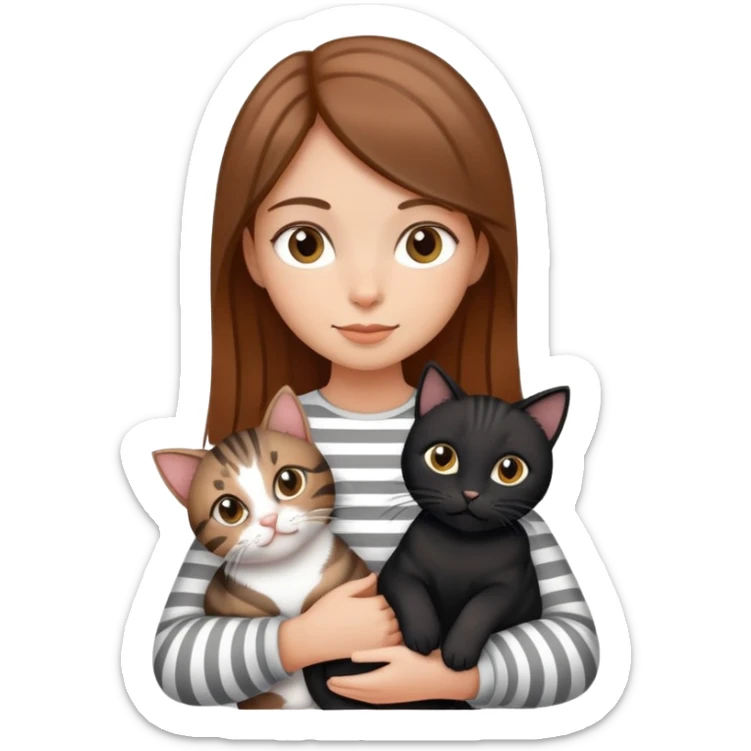 tan brown-haired girl holding two cats, one black cat and one grey-striped cat sticker
