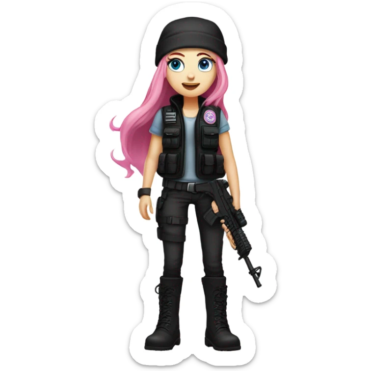 girl, white skin, tactical vest, dark pants, long pink hair, blue eyes, black beanie hat with crescent moon on front, black combat boots, gun, full body sticker