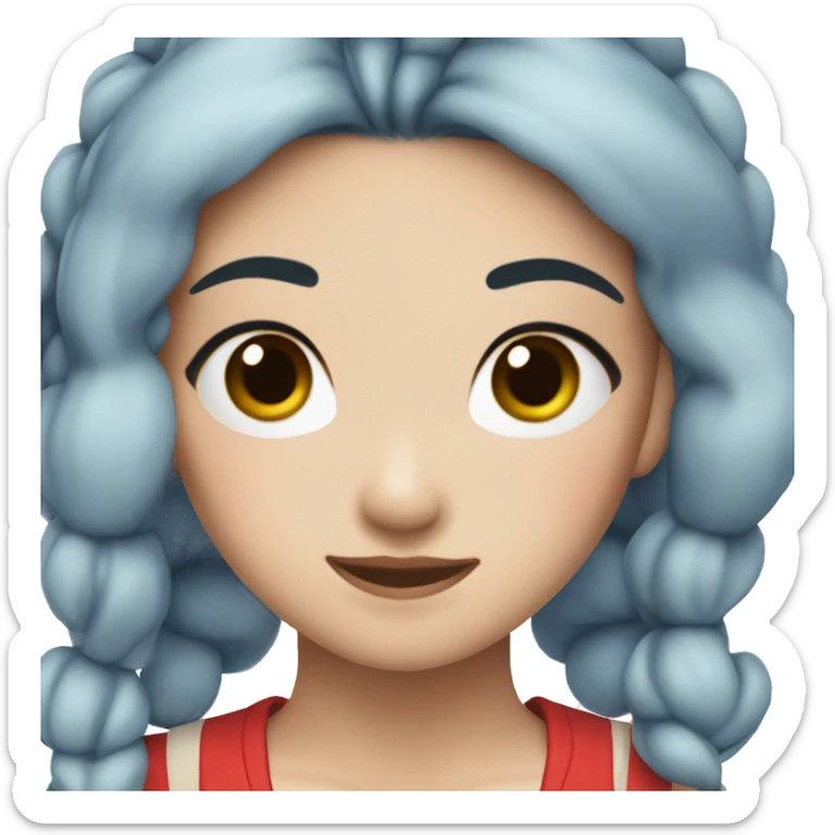 asian girl with two ponytails dark blue hair and blue eyes with red top that has black spots on it sticker