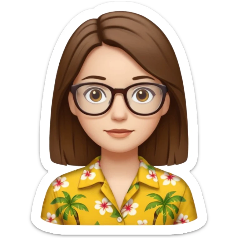Hawaii female with white skin. Shoulder length straight brown hair. Brown eyes with glasses. Female wearing yellow Hawaiian print shirt. sticker