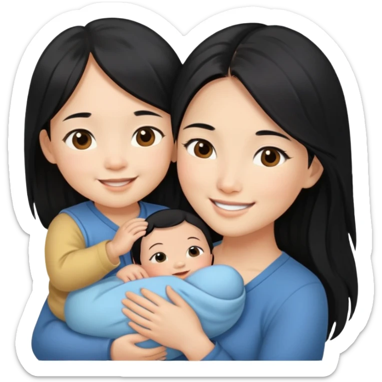Beautiful Asian girl with long black hair and brown eyes holding baby boy in her arms sticker
