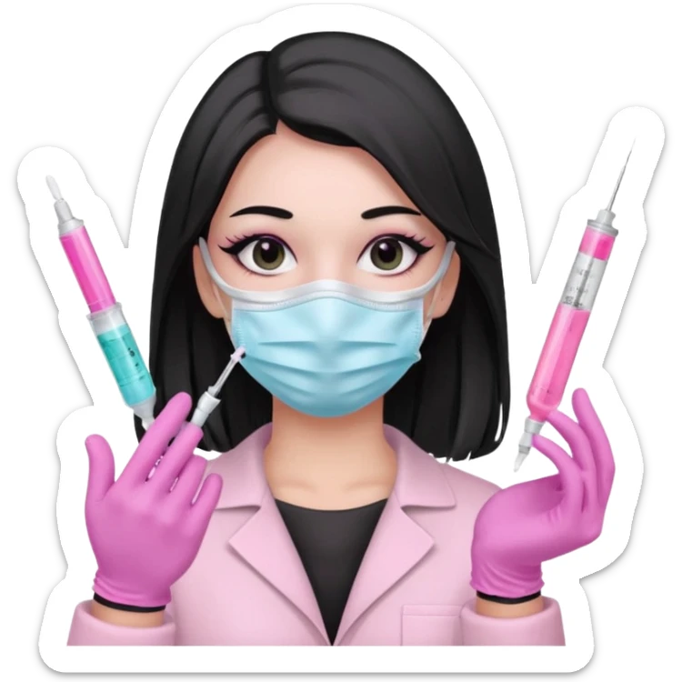 laboratorista con guantes rosa pastel y mascarilla rosa pastel jeringa tubo laboratorio sin lentes pelo lacio negro y largo ojos negro cabello largo sticker