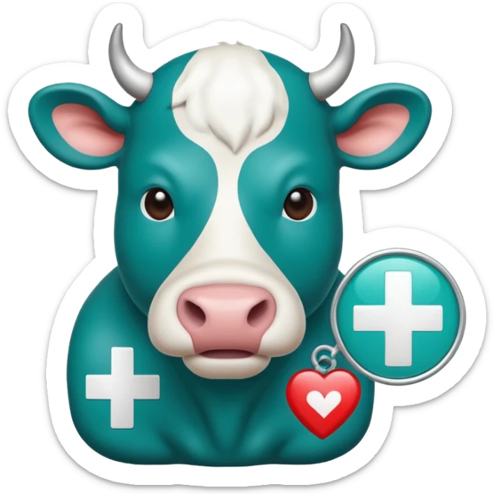 Emoji-style icon of a cow and buffalo with a medical cross and warning pulse or health indicator, showing disease detection. Simple emoji design, teal and white theme, no text, transparent background. sticker