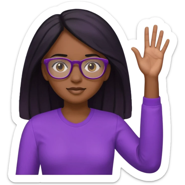 black girl raising her hand, wearing glasses and a purple shirt with long black hair sticker