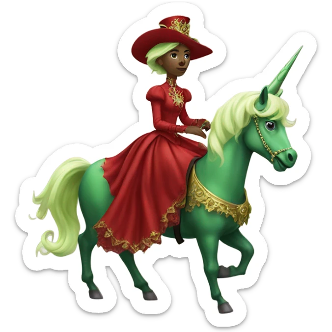 "galora green blonde alien woman" in red Victorian elegant dress, full body, rides unicorn gold
(NO WOKE)
 sticker