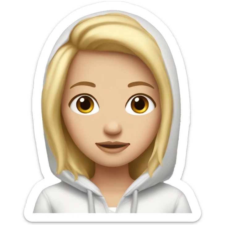 A white girl with blonde hair and brown eyes wearing a hoodie sticker