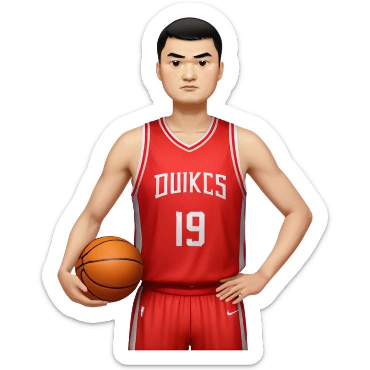 Yao Ming – Cinematic Realistic Portrait of Yao Ming, depicted as a towering basketball icon in a modern uniform, with a gentle yet determined expression and dynamic arena lighting that highlights his immense stature and graceful athleticism. sticker