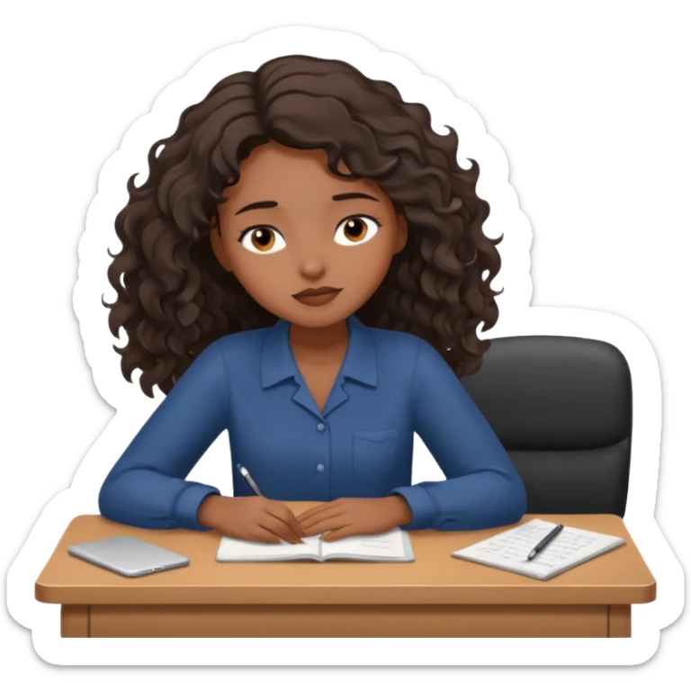 Pretty black model, brown eyes, soft wavy hair, falling asleep at desk sticker