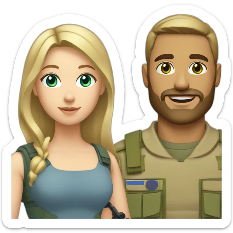military blonde man with beard, blue eyes with girl who has long light-brown hair and green-grey eyes sticker