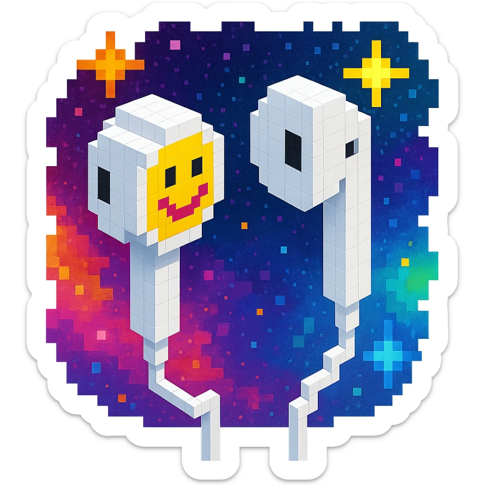white EarPods headphones with a playful twist, floating in space, with a cosmic background sticker
