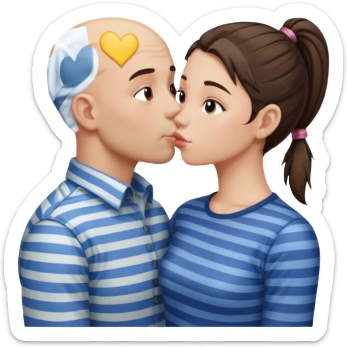 Tall Bald boy kissing a brunette girlie girl with a ponytail with a striped shirt sticker