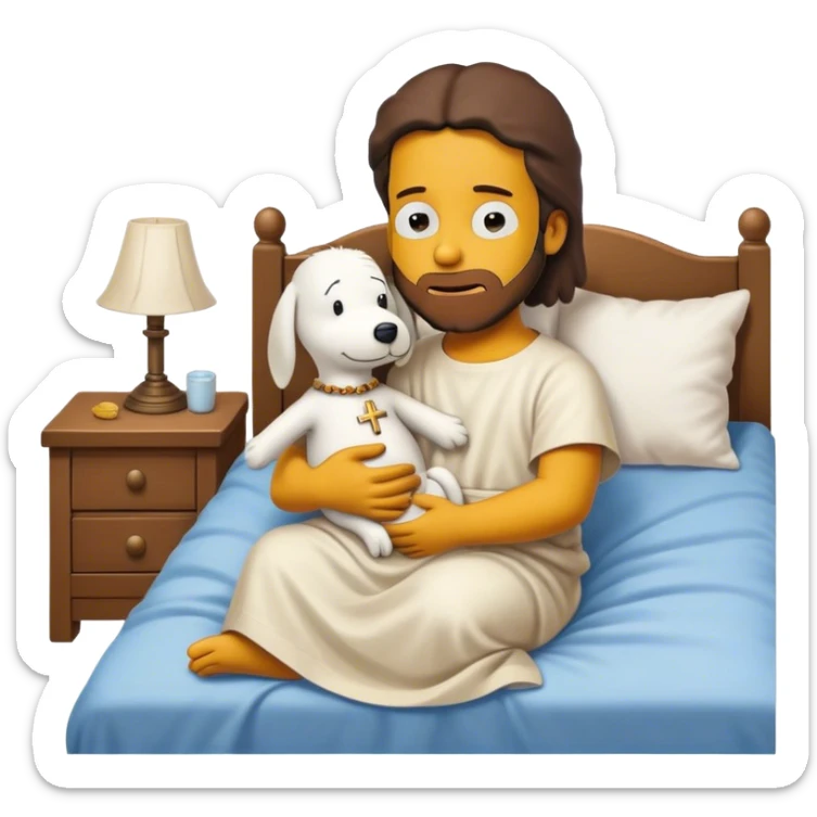 Bart Simpson dressed like a Jesus Christ and baby Snoopy on bed village cute hug  sticker